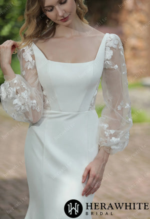 Square Neck Crepe Fit And Flare Wedding Dress With Tulle Bishop Sleeves