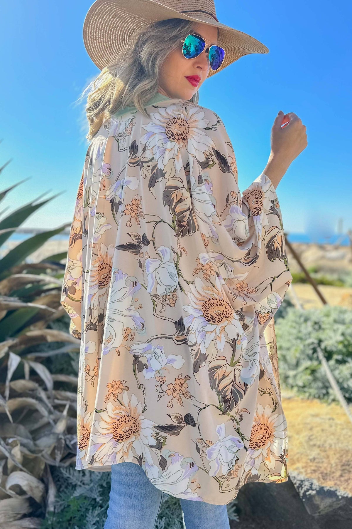 Nude Floral Printed Kimono Cardigan Cover UP