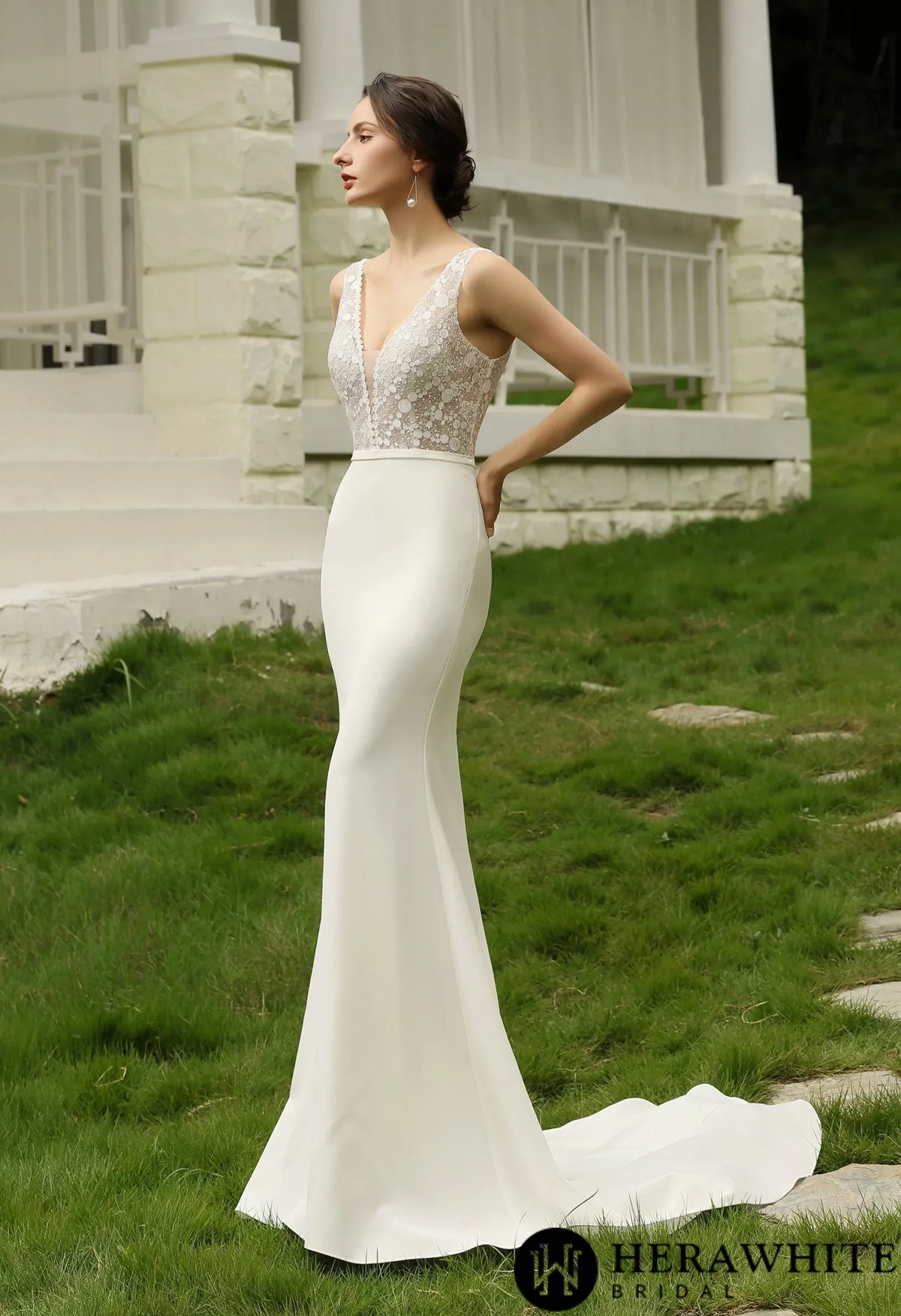 Semi Sheer Bodice Creap Weddding Dress