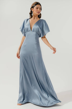 Darling Flutter Sleeve Cut Out Satin Maxi Dress: Black / M