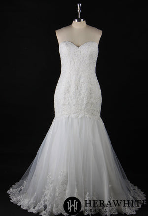 Strapless Embroidered Lace Fit and Flare Wedding Gown