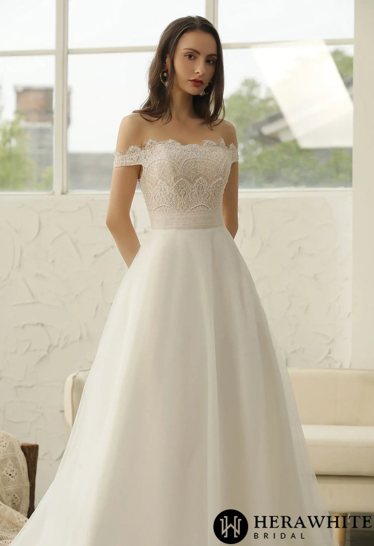 Off-The-Shoulder  Beading Lace Pleating Wholesale Wedding Dress