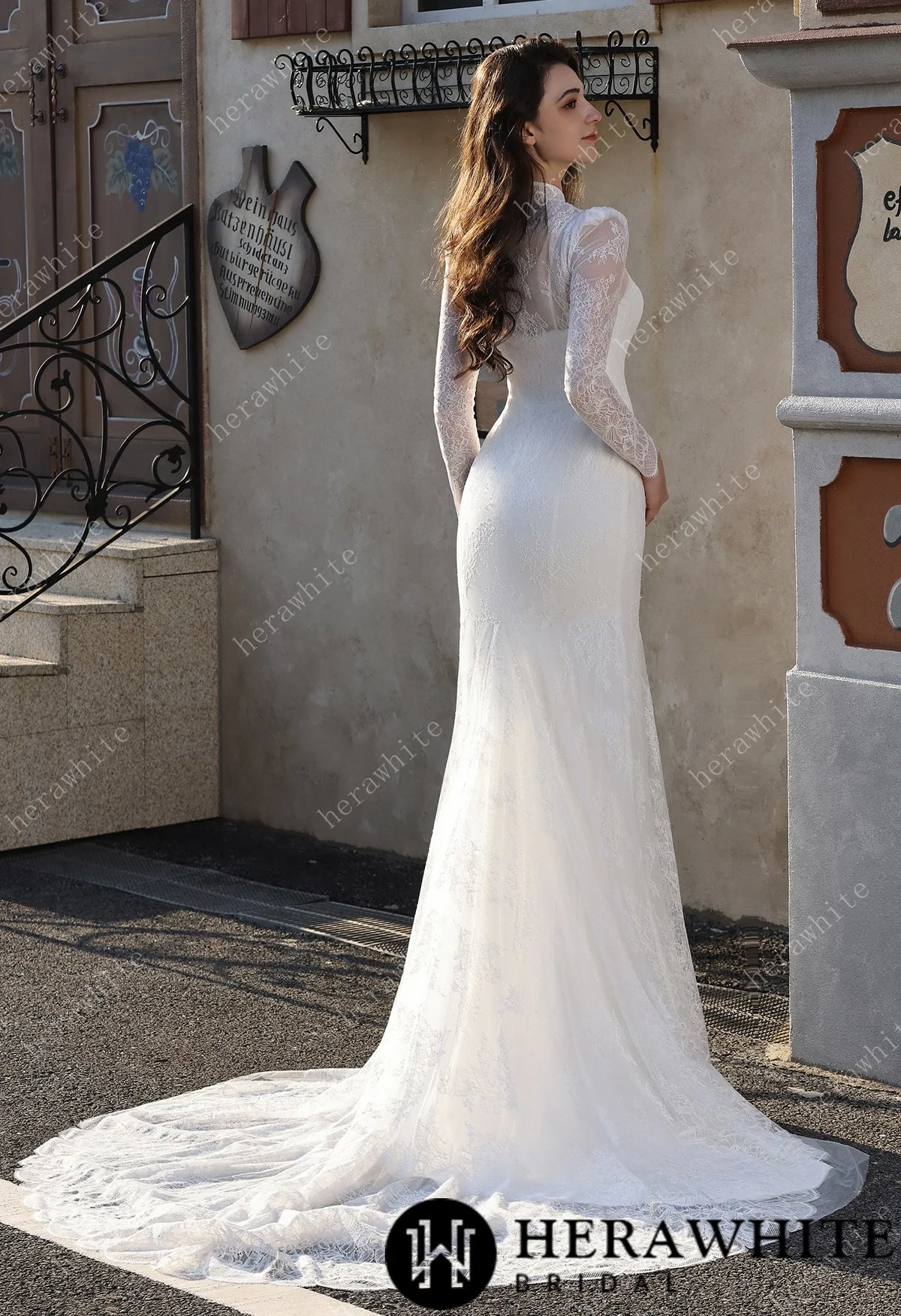 Embellished Mermaid Plunging Neckline Wedding Gown with Scallop Train HW3853