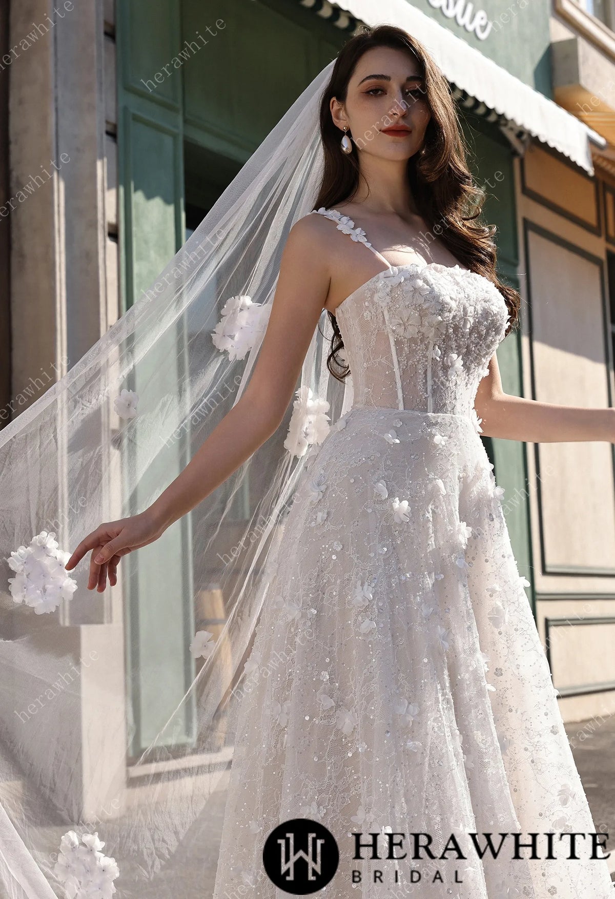 3D Floral Sparkle Lace  Wedding Dress With Straight Across Neckline HW3833