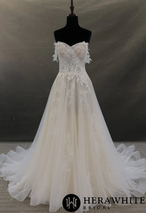 Off-the-shoulder Lace And Tulle Bridal Gown With Sheer Bodice