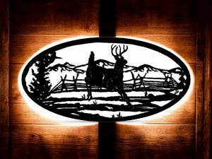 METAL Deer jumping w/ mountains and fence oval scene