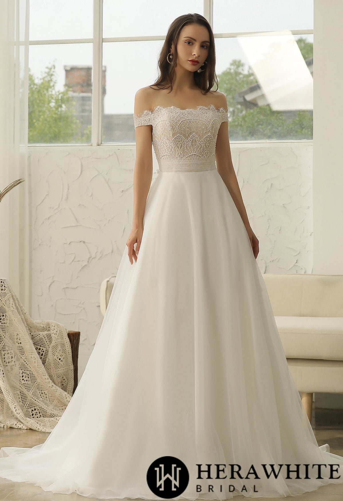 Off-The-Shoulder  Beading Lace Pleating Wholesale Wedding Dress