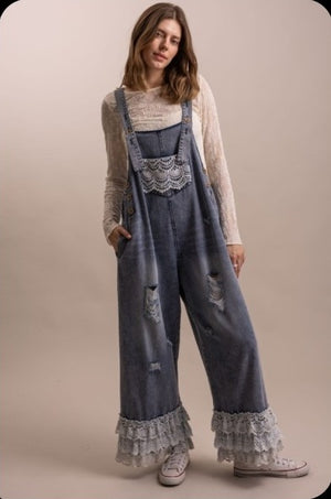 Crochet Distressed Denim Overalls
