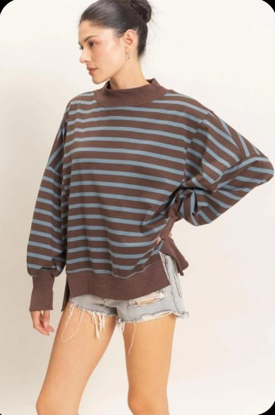 Oversized Striped Mock Neck Shirt